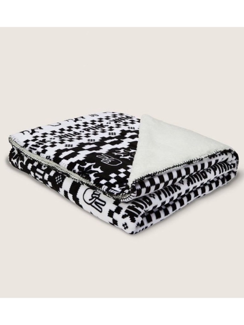 VS PINK Plush Reversible Black & White Sherpa Throw Blanket